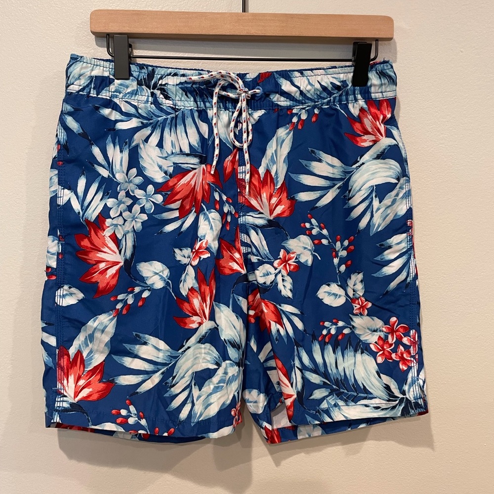 GoodFellow & co Red, White, and Blue Tropical Flower Swim Trunks
